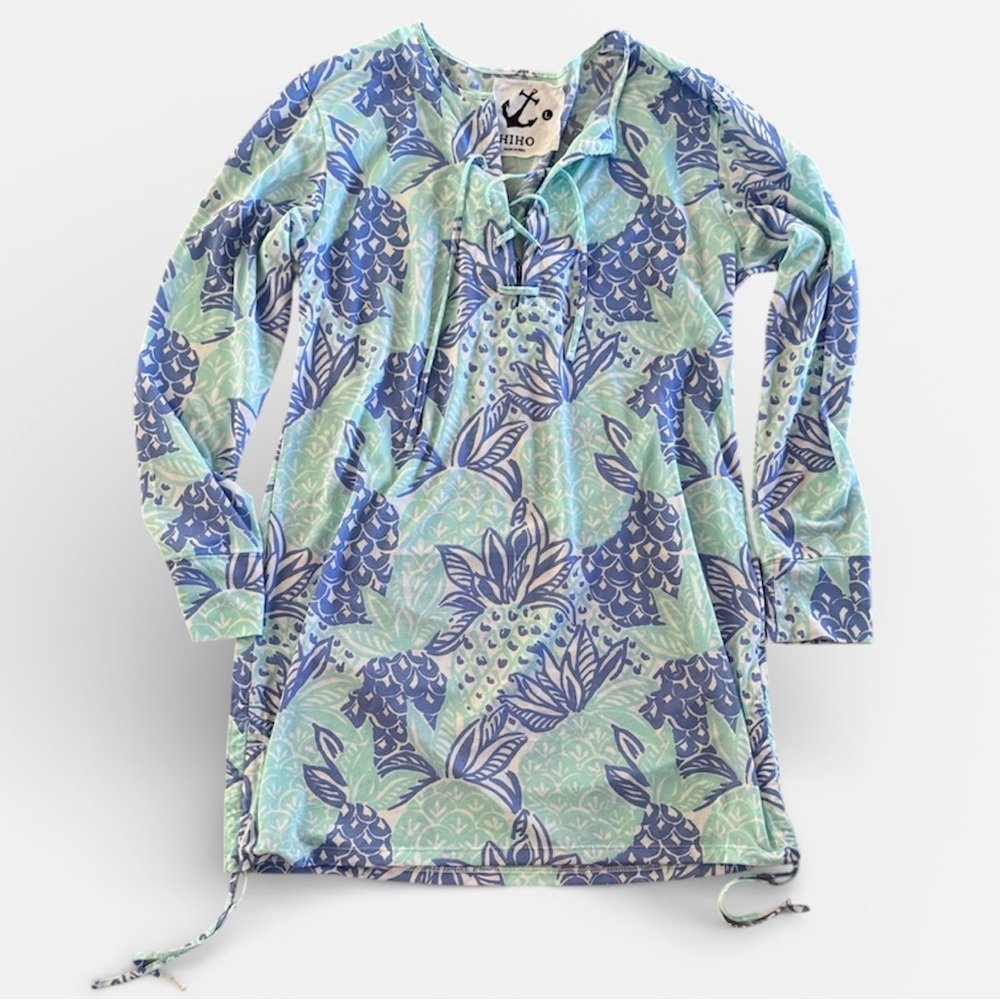 HIHO Beach Cover Up Womens Large Green Purple Long Sleeve Tropical Floral